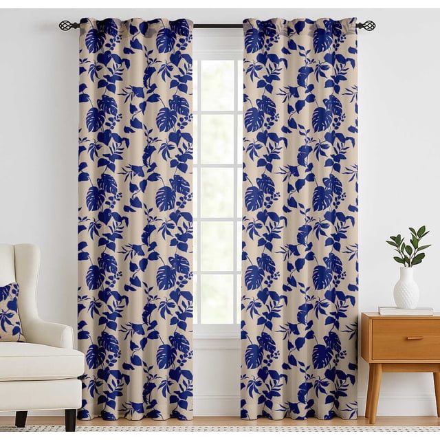 Vargottam 84 Inch Rod Pocket/Back Tab Cotton Curtains for Windows and Doors - Light Filtering Cotton - Light Filtering Drapes For Doors - Set of 2 Panels, 52"x84" - Vines Motif Design (Blue)
