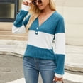 thumbnail image 4 of Lenpel Women's Tunic Tops Long Sleeve V Neck Quarter Button Color Block Ribbed Knit T Shirts Casual Loose Lightweight Sweaters(Blue,Small), 4 of 7
