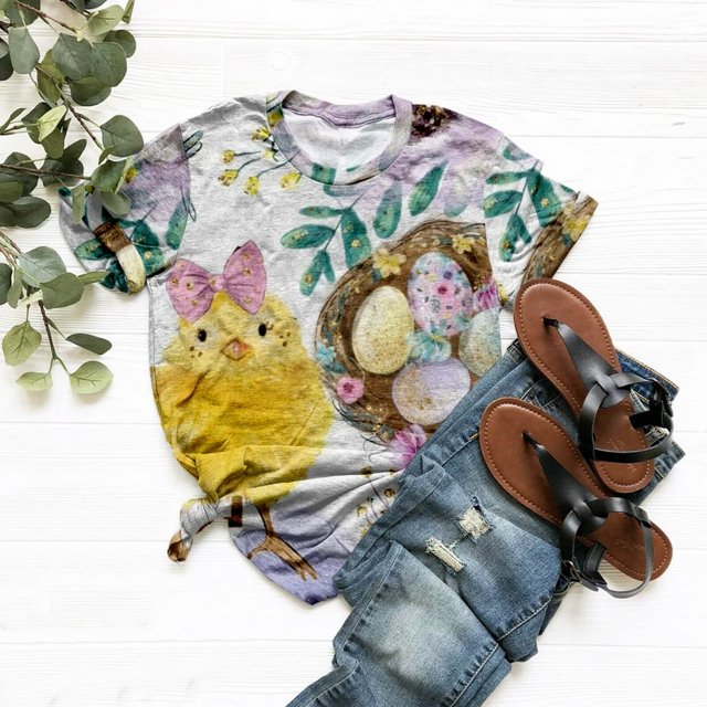EIMELI Femmes Décontracté Été Pâques Drôle Chick Bunny Imprimé Manches Courtes Col Rond T-Shirt T-Shirts pour Femmes Vert G