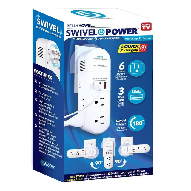 Bell + Howell Swivel Power avec Protection Contre les Surtensions, 6 Prises Électriques, 3 Ports USB et Rotation Pivotante