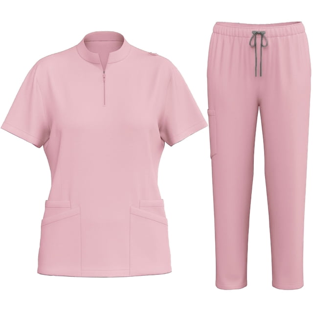 Scrub Sets for Women 2 Piece Medical Nursing Uniforms Quick Dry Zip Mock Neck Tops Drawstring Cargo Scrub Pants, Pink, L
