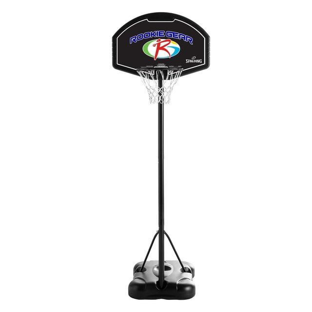 Spalding® Eco Composite Youth Basketball System, 32-in, front view of a black height-adjustable pole with a black backboard featuring the Rookie Gear logo in blue, red, green, and white, white net, and a black base fillable with water or sand for stability, suitable for outdoor use and youth players aged 4 and up.