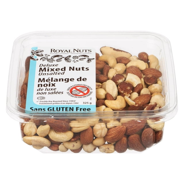 ROYAL NUTS DELUXE MIX ROASTED UNSALTED clear plastic container holding 325g of crunchy cashews, almonds, pecans, filberts, and Brazil nuts, labeled gluten free and peanut free, suitable as a shelf-stable snack or nut topping for ice cream and desserts.