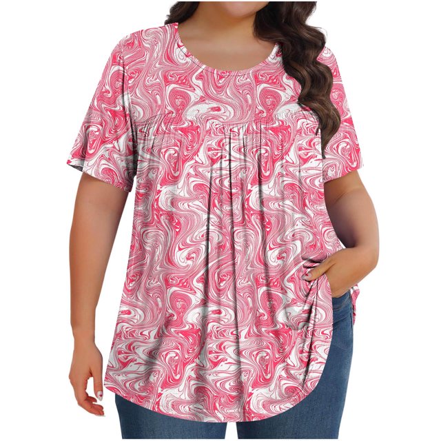 Pisexur Hauts de Printemps pour Femmes Blouses pour Femmes Chic Décontracté Mode pour Femmes Imprimé Col Rond Manches Courtes Plissé Ample Haut Multicolore,G