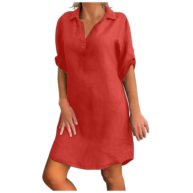 Jupes pour Femmes Mode Femmes Grande Taille Uni Coton Lin Col Rabattu Robe-Chemise Ample
