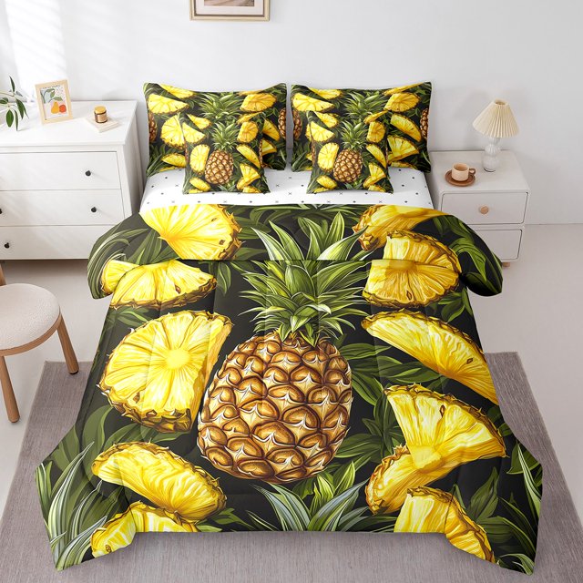 Erosebridal Ensemble de Lit Ananas 3D Taille Simple, Thème Fruit, Noir Jaune Vert, Réversible 7 Pcs