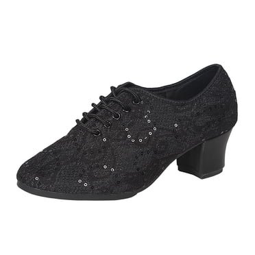 Bmisegm Loisirs Femmes Paillettes Semelle Souple Couleur Unie Antidérapant Talons Carrés à Lacets Bout Rond Respirant Chaussures de Danse Chaussures Décontractées pour Femmes Noir 39