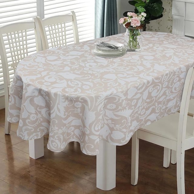 Oval Tablecloth 52 x 70 Inch Beige, Vintage Floral Tablecloth for Oval Table, Fabric Wrinkle Free Washable Waterproof Retro Tablecloth Oval Table Cloth for Kitchen Dining Room Table