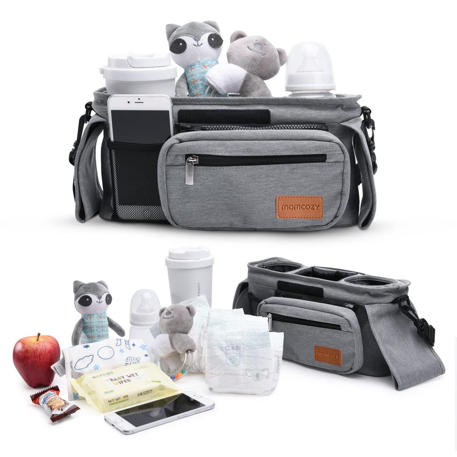 Momcozy Universal Baby Stroller Organizer with Insulated Cup Holder, Detachable Phone Bag & Shoulder Strap, Gray, Infant & Toddler