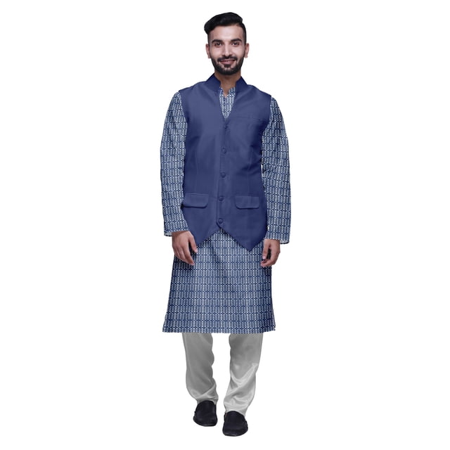Atasi Traditional Printed Kurta Churidar Pajama Set With Nehru Jacket For Men