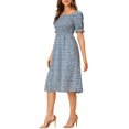 thumbnail image 4 of INSPIRE CHIC Robe pour Femme Smockée à Fleurs à Encolure Carrée Manches Courtes Bouffantes Printemps Été Robes Midi Bleu Poussiéreux TG, 4 of 6