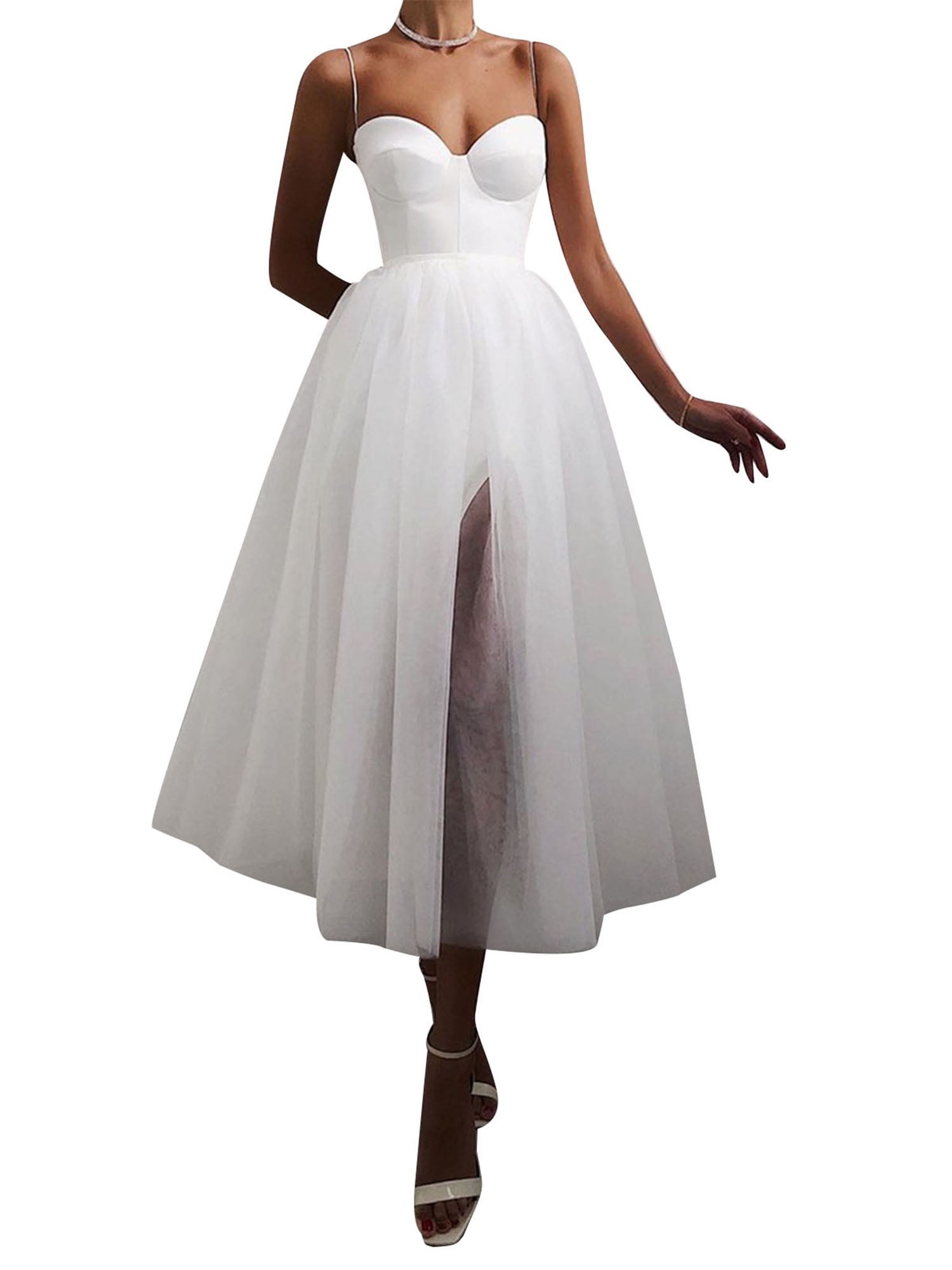 Kmbangi Robes d'Invitée de Mariage pour Femmes Été Bretelles Spaghetti Encolure Cœur Fente Latérale Bretelles en Maille Robe de Cocktail