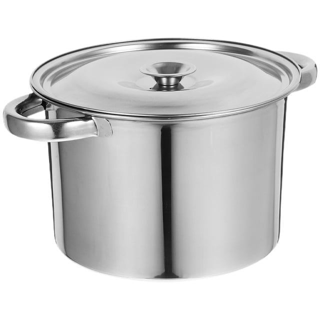 KAKOWELY stainless steel stock pot with double ear handles and a tight-fitting lid, ideal for cooking soups, stews, and boiling water. Made from durable stainless steel with a silver finish, it features ergonomic handles for secure grip. Dimensions: 9.45 x 7.09 x 4.33 inches.