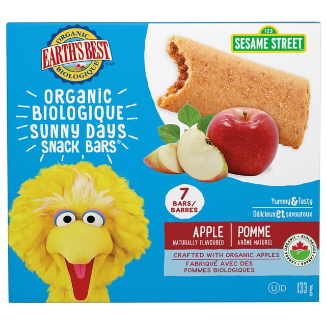 Earth's Best Organic Apple Sunny Days Snack Bars box with blue background featuring a bitten snack bar, fresh apple slices, Sesame Street logo, and Big Bird character, containing 7 organic toddler snack bars weighing 133 grams, soft and sized for small hands.