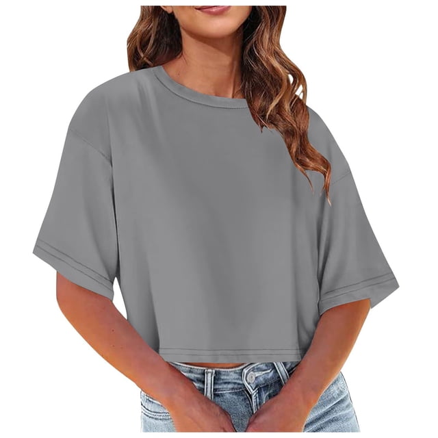 Plebaso Womens Cropped T-Shirts Short Sleeve Round Neck Tshirts Solid Color Casual Loose Basic Tops Tees