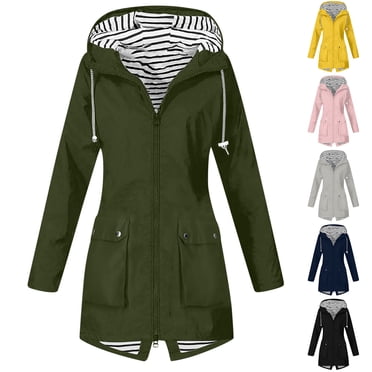 Bovxnpu Plus Size Womens Rain Jackets,Womens Casual Jackets,Women Solid Color Rain Jacket Outdoor Hooded Windproof Loose With Pocket Coat