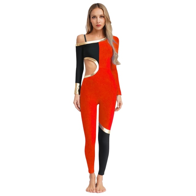 Raenseen Womens' Long Sleeve Unitard Gymnastics Ballet Dance Bodysuit Metallic Color Block Jumpsuit Red XXL