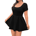 thumbnail image 2 of Women's Mini Dress Square Neck Short Sleeve Ruffle Hem Dresses with Built in Shorts Black L, 2 of 10