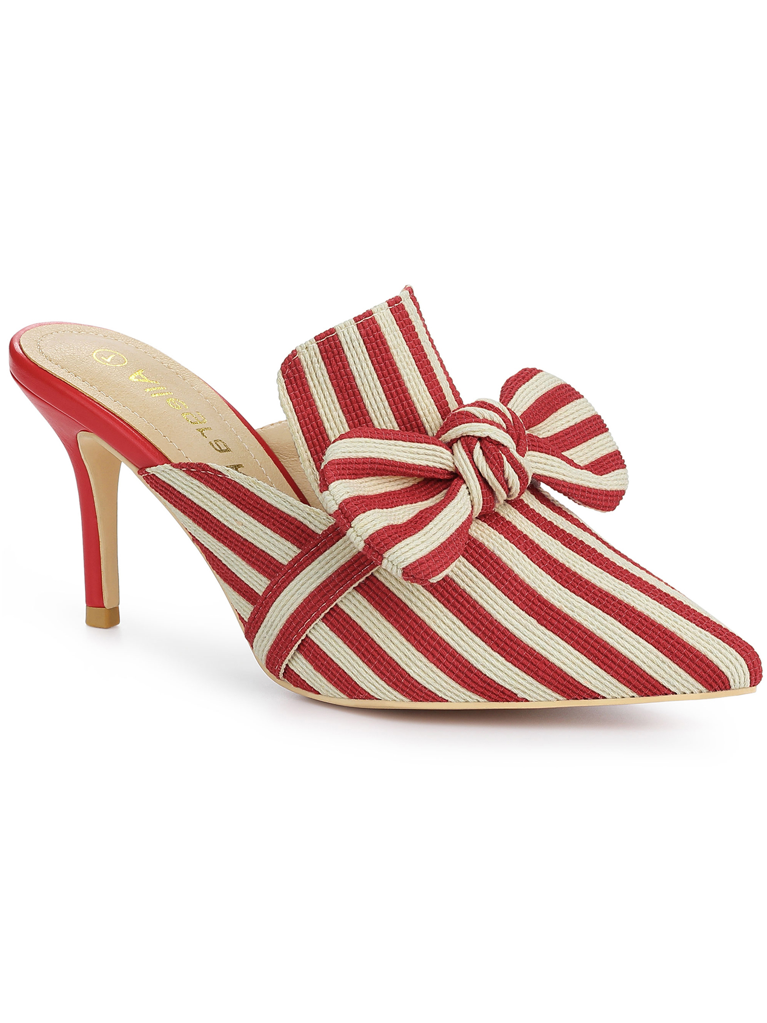 BLISSFUL STEP Mules à Talon Aiguille pour Femmes Bout Pointu Rayure Nœud à Enfiler Chaussures Habillées Rouge 10