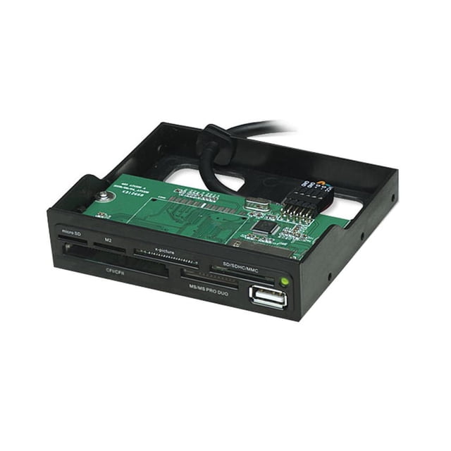 Blue Diamond Lecteur/graveur de Cartes Baie Bd USB 2.0 3.5 avec Fentes pour micro SD, M2, CF/CFII, SD/SDHC/MMC, Cartes DUO MS/MS PRO, et un port USB 2.0 avant, dans un Cadre Baie 3,5 Pouces en Métal Noir Montrant Carte de circuit Vert et Câble, compatible avec Windows et Mac pour un Transfert de Données Rapide.