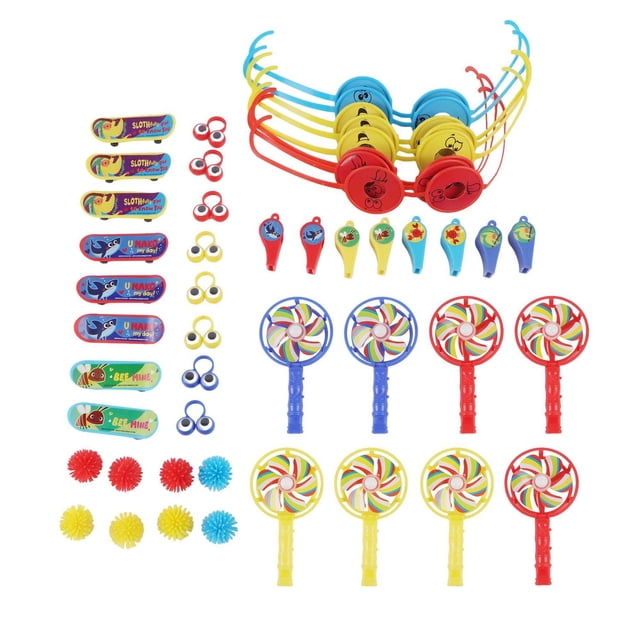 Way to Celebrate! 48 Value Pack-toy with a multicolour assortment of 6 finger eyes, 6 skateboards featuring animal designs, 6 windmill whistles, 6 textured burr balls, 6 handheld pinwheel fans, and 6 cartoon face glasses arranged on a white background, suitable for party favors, classroom activities, and imaginative play.