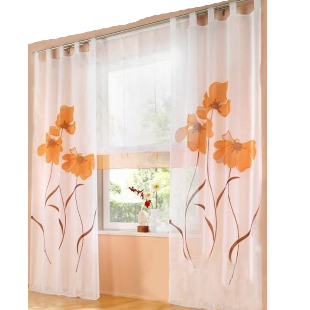 Sheer Curtains Orange Flowers, Spring Natural Floral Printed Voile Curtain Panels