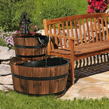 Patiojoy 2-Tier Barrel Waterfall Rustic Fountain Barrel Wooden Water Fountain Pump for Garden Patio