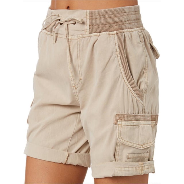 Innerwin Shorts Summer Casual Ladies Cargo Work Short Stretch Linen Khaki L