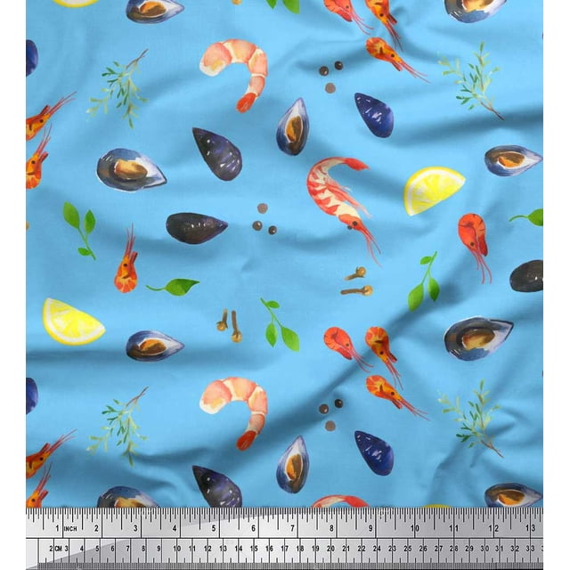 Soimoi Rayon Fabric Gemstone,Lemon Slice & Prawns Food Decor Fabric Printed Yard 56 Inch Wide