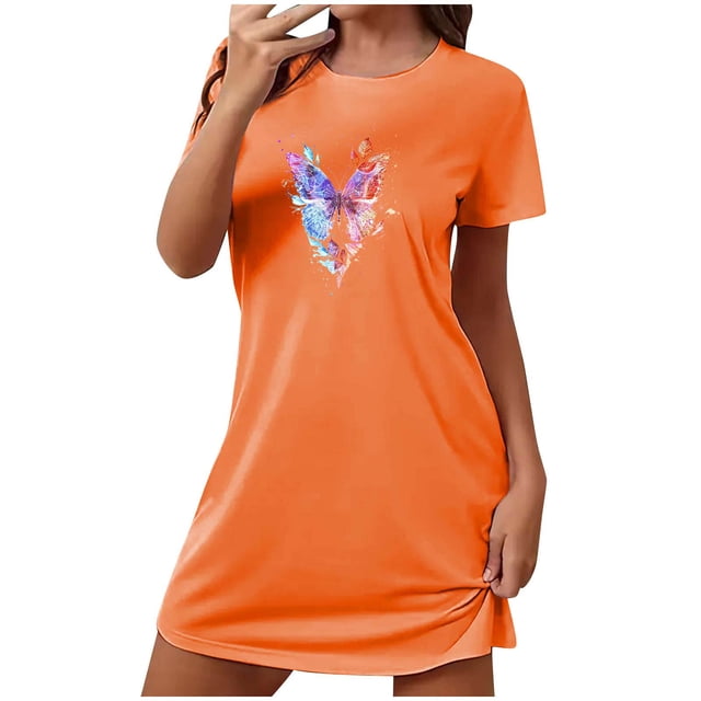 Mrat Nuisette avec Soutien-Gorge Intégré Robe pour Femme Vêtement de Nuit Manches Courtes Chemise de Nuit Décontractée Imprimée Robe de Sommeil Ample Confortable Pyjama Nuisette S-98 Orange TG