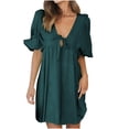 thumbnail image 2 of Gspmoly Robes d'Été pour Femmes 2025, Robe Décontractée pour Femmes à la Mode, Couleur Unie, Manches Bouffantes, Manches Courtes, Col en V, Robes de Cocktail pour Femmes, Économies d'Été Liquidation, 2 of 9