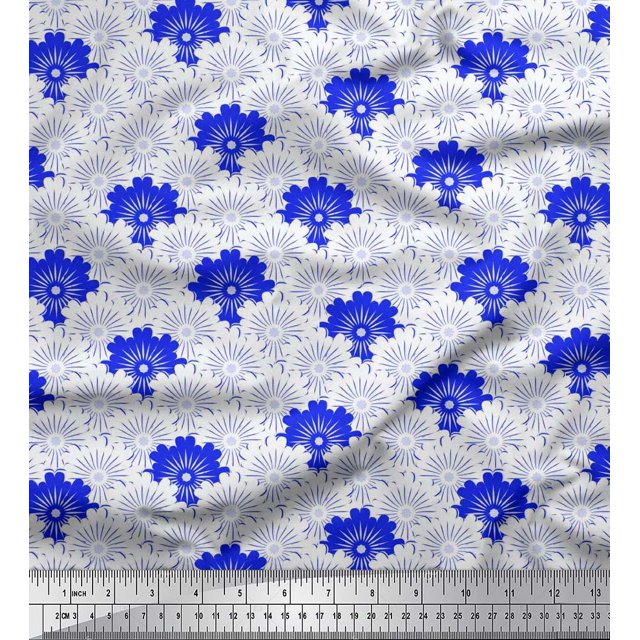 Soimoi Blue polyester Crepe Fabric Artistic Floral & Scale Geometric Decor Fabric Printed Yard 42 Inch Wide