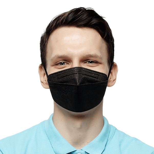 Respirator CA N95 Flat Fold Large shown worn by an individual. This disposable face mask features a flat-fold design for easy storage and portability. It is made in Canada, hypoallergenic, and free of latex and graphene. The mask provides exceptional protection with a 3-layer filtration system that filters out at least 95% of airborne particles, dust, and allergens. Designed for a secure and comfortable fit, it includes a flexible nose bridge for a tight seal. Suitable for medical and non-medical settings, it measures 8.5 x 3.14 inches (215 x 80 mm) and comes in a pack of 10.