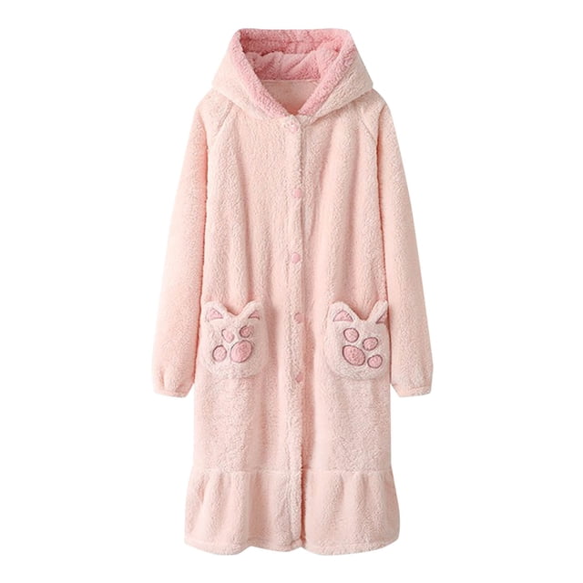 HAiming Nightgown for Women Hooded Long Robe Cute Pockets Button down Warm Soft Fuzzy Housecoat Sleepwear
