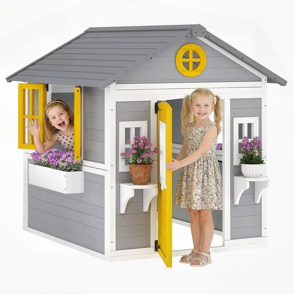 Outsunny Playhouse for Kids, Outdoor Wooden Playhouse for Backyard, Grey