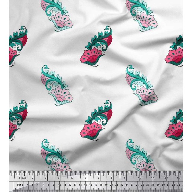 Soimoi Moss Georgette Fabric Swirl & Floral Block Printed Fabric 1 Yard 42 Inch Wide