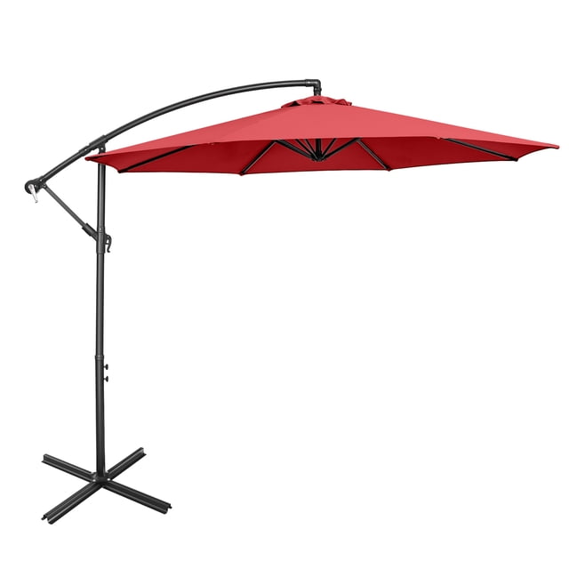 Costway Parasol Déporté de Patio de 10 Pi avec 8 Baleines et une base en Croix de Couleur Bordeaux. le Parasol Présente un Auvent en polyester durable Résistant à l'Eau et à la Décoloration, Soutenu par un Cadre en Fer Enduit de Poudre et 8 Baleines en Acier pour la Stabilité. Il Comprend une Manivelle pour une Ouverture et une Fermeture Faciles, Ainsi Qu'un Système de Contrôle d'Inclinaison pour des angles Ajustables. la base en Croix Est Incluse, Mais une base Lestée Est Requise pour une Stabilité Accrue. Convient aux Espaces Extérieurs