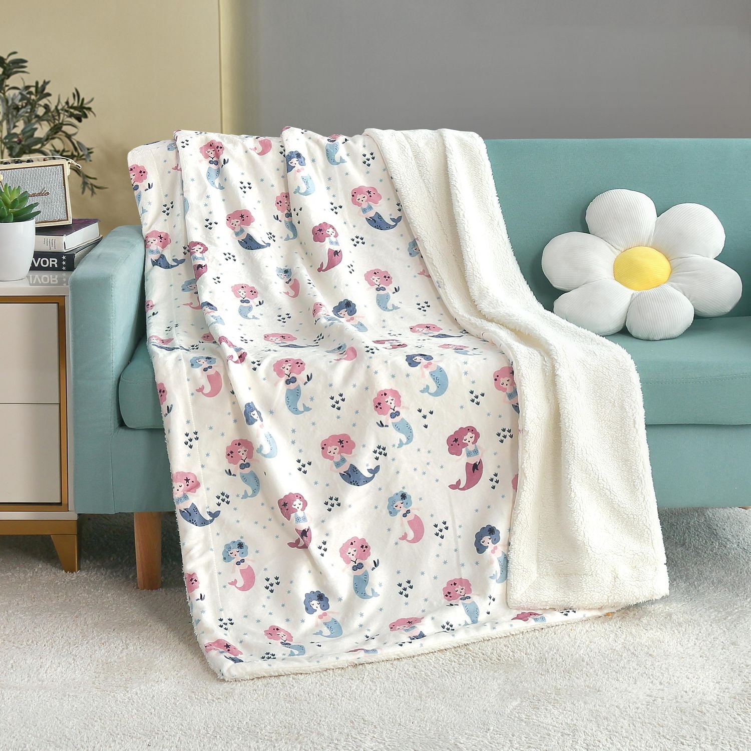 Couverture réversible en flanelle polaire douce et chaude pour enfants, motif sirène rose avec base blanche, 101 x 127 cm
