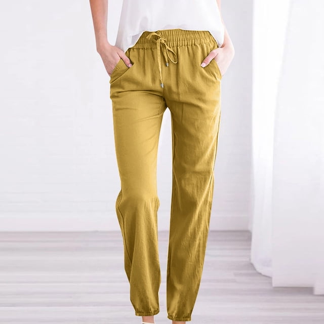 RKSTN Womens Pants Woman Solid Color Cotton And Linen Drawstring Elastic Waist Long Straight Pants Soft Loose Straight Leg Hiking Pants