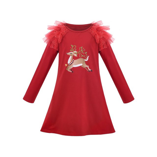 Robe Fille Noël Rouge Renne Col Rond Évasée Manches Longues 3 Ans