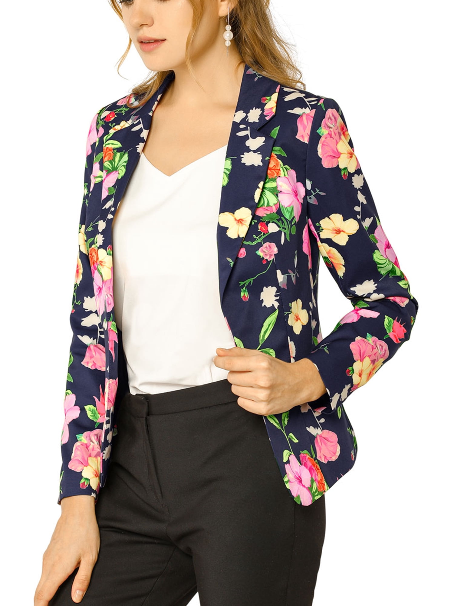 INSPIRE CHIC Women's Fitted Blazer Notch Lapel Printed Open Front Work Suit Jacket S Navy Blue-Floral