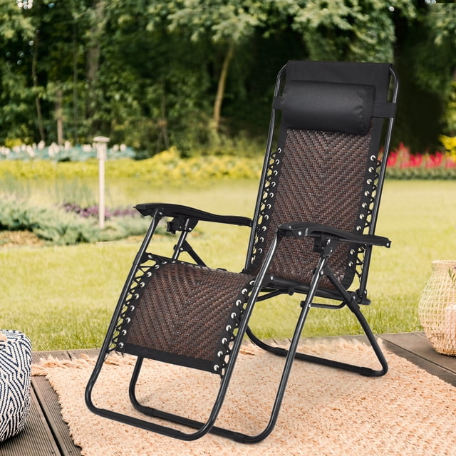 Patiojoy Fauteuil Inclinable Pliant Brun pour Patio en Rotin à Gravité Zéro avec Appuie-Tête