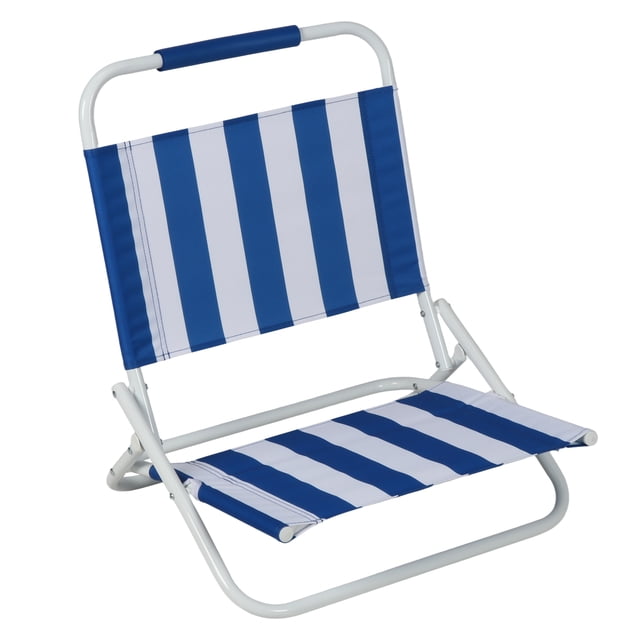 Mainstays Beach Sand Chair, Stripe, Blue White with a rust-resistant, powder-coated white steel frame and blue and white striped recycled polyester fabric seat and backrest, folds flat for easy storage and supports up to 225 lbs, ideal for beach and outdoor use.