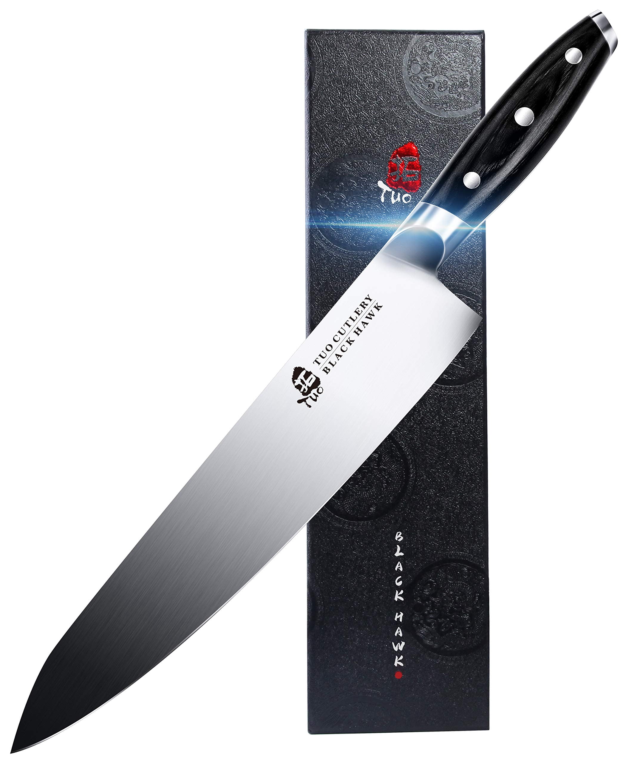 TUO Chef Knife -Professional Kitchen Chefs Knife Cooking Knife Gyuto Knives 10 Inch ,Razor Sharp German HC Steel Japanese Chef Knife with Ergonomic Pakkawood Handle - BLACK HAWK SERIES in Gift Box