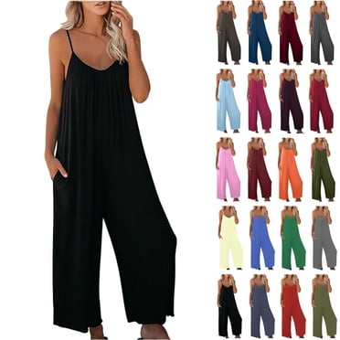 QATAINLAV Combinaison à Bretelles Spaghetti pour Femmes Été Sans Manches Ample Salopette Tablier Couleur Unie Décontractée Pantalon Grand Combishort avec Poches Rouge G Vente Éclair