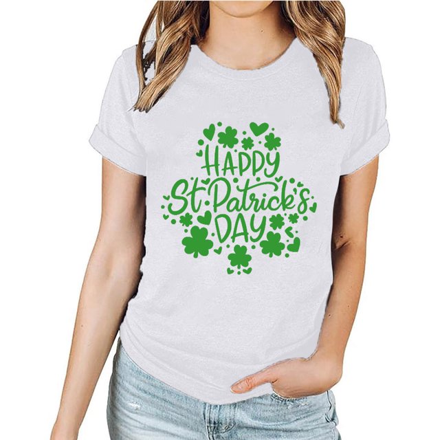 Meichang St Patricks Day T-Shirt Femme Vert Trèfle à Quatre Feuilles T-Shirts Graphiques Hauts Verts Décontracté Manches Courtes Col Rond T-Shirts St Patricks Day Liquidation