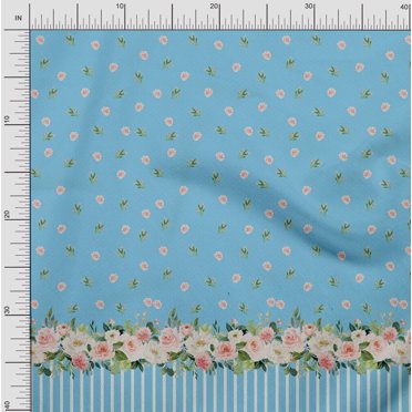 Soimoi Blue Satin Silk Fabric Dot & Floral Panel Print Fabric by Yard 42 Inch Wide