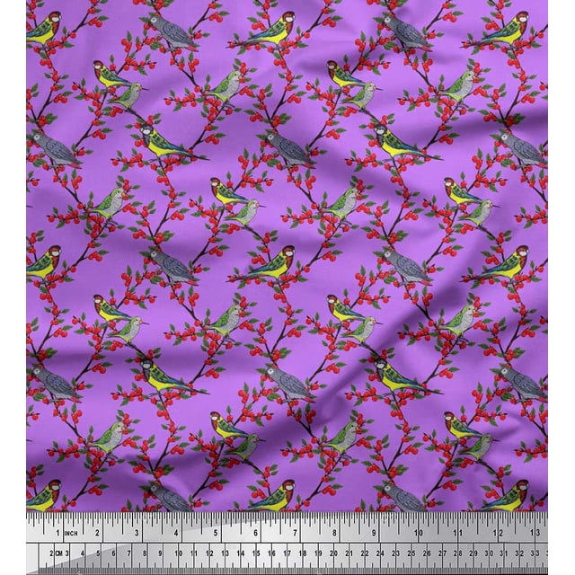 Soimoi Poly Georgette Fabric Leaves,Red Berries & Parrot Bird Print Fabric by Yard 42 Inch Wide