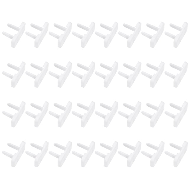 Uxcell 32 Pack Outlet Covers Proofing, Plug Covers Electric Plug Protectors Safety Socket Cover Plugs Protector in white. These square-shaped ABS plug covers are designed for 2-pin two-phase power supply sockets, measuring 29x19mm (1.14x0.75 inches) with 16mm (0.63 inch) pins. The pack includes 32 durable insulating covers that fit standard sockets, offering safety for baby-proofing by preventing electrical outlet-related accidents. The flat round edges and hidden design make them easy for adults to remove while remaining secure against tampering by children.