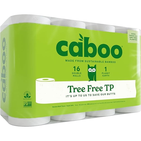 Caboo Tree-Free Toilet Paper, Septic Safe Bath Tissue, Eco Friendly Soft 2 Ply Sheets, 300 Sheets Per Roll, 16 Double Rolls